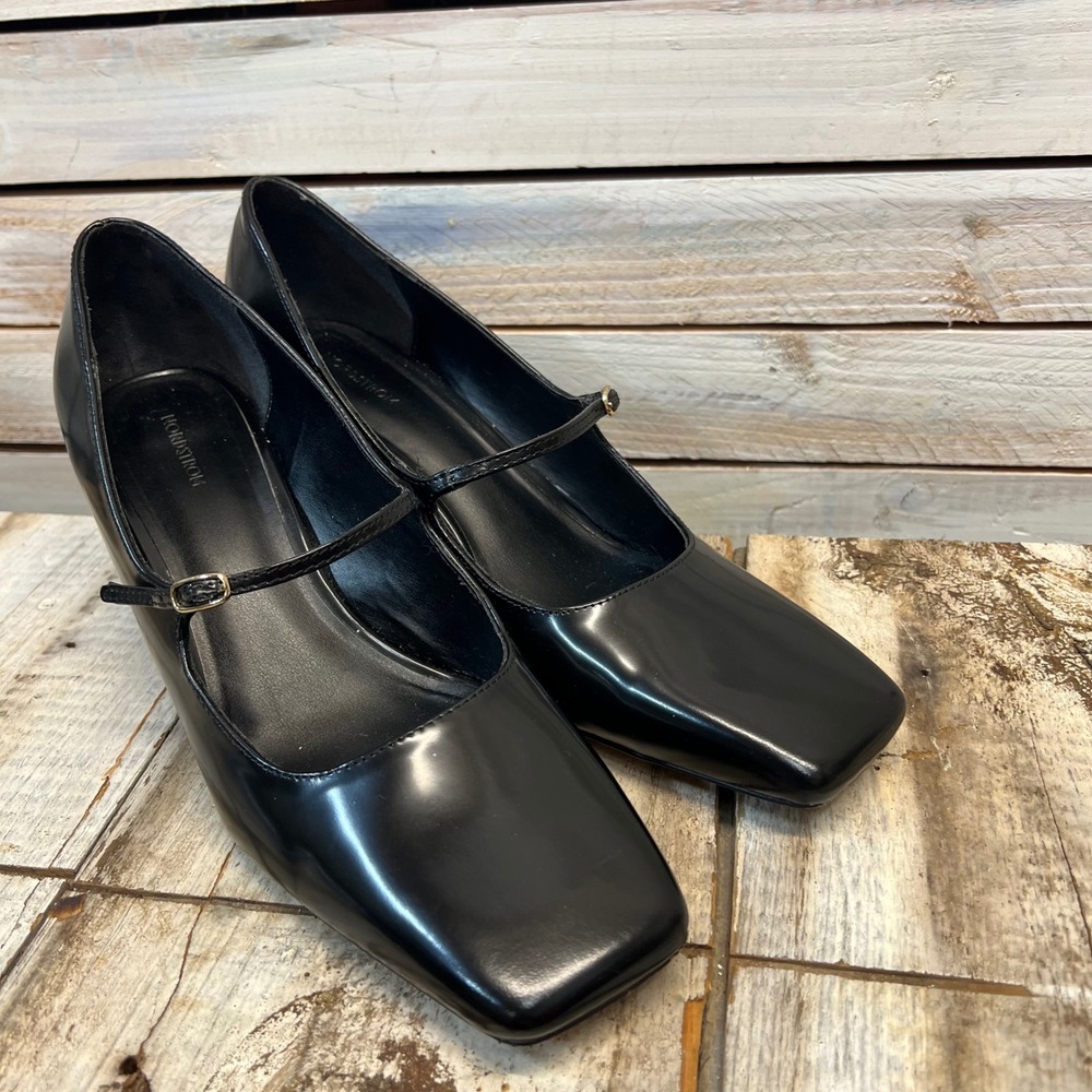 Nordstrom Black Faux Leather Madyson Mary Jane Pumps Square Toe Block Heels 10